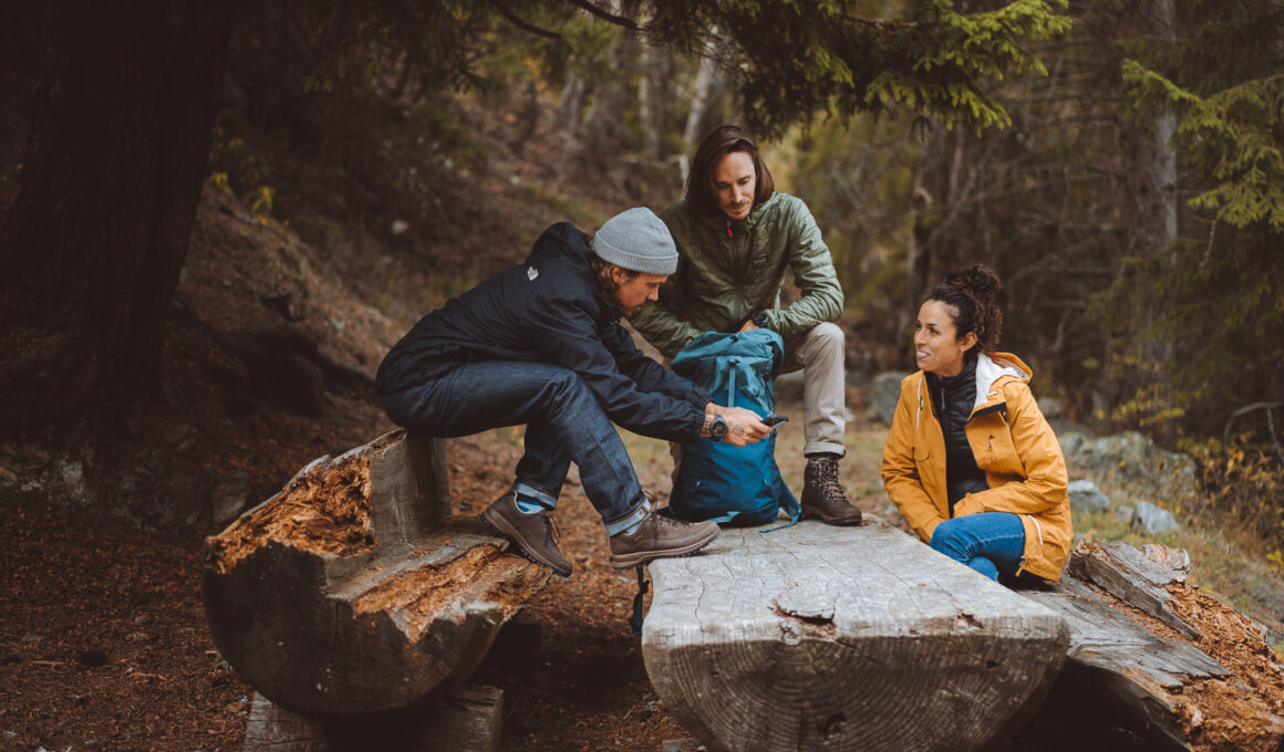 Garmont outdoor footwear fall collection advertising campaign, hikers in autumn mountain forest Italian Alps — Andrea Passerini